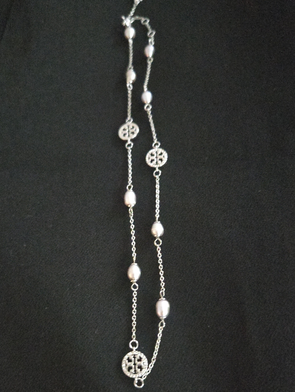 Tory Burch Silver Pearl-Link Logo Station Necklace